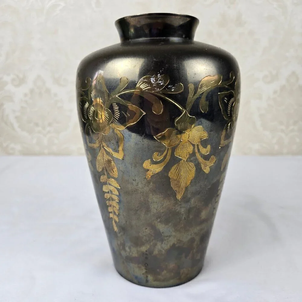 Brass Etched Floral Vase Gold Flowers Vines Leaves Vintage Decor Decoration